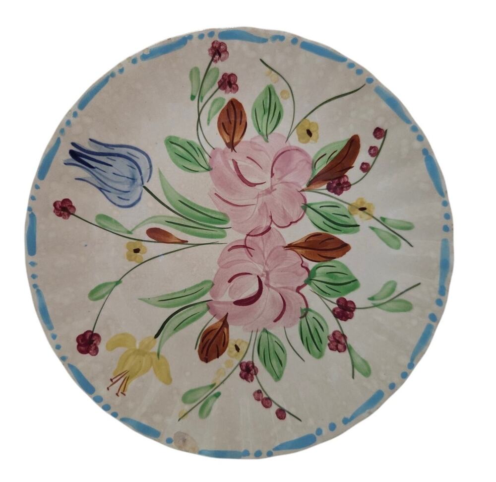 Vtg Blue Ridge Pottery Blue Rim Ruffle Plate Floral Pink Cottage Core Collector